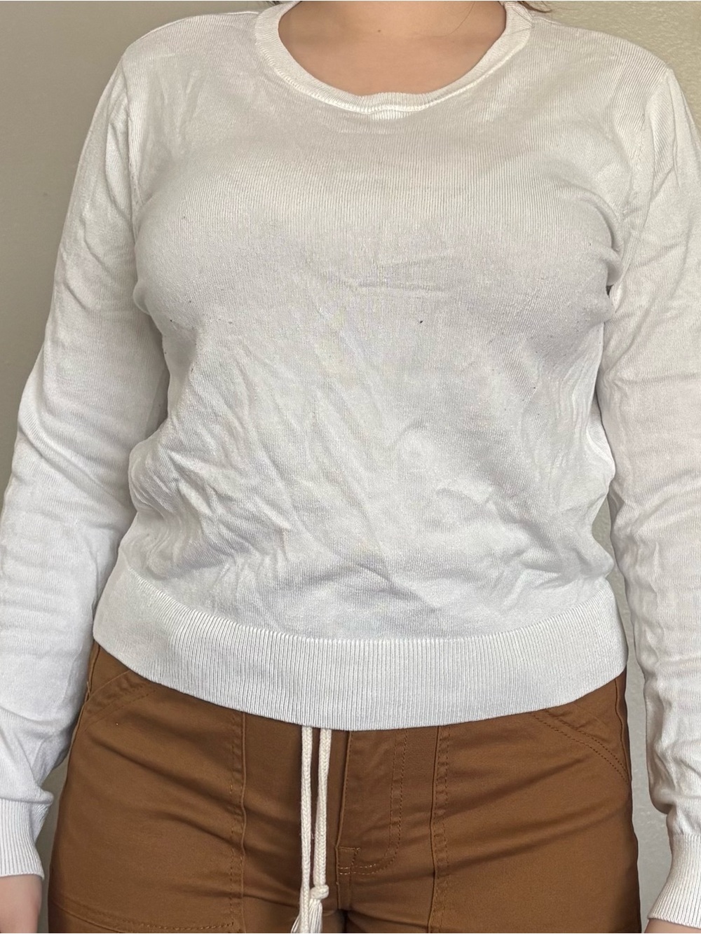 H&M White Fine Knit Crewneck Sweater Women's Size M Long Sleeve